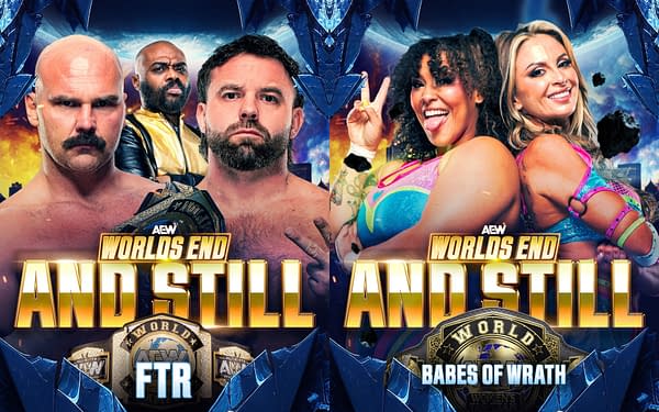 A graphic featuring two wrestling tag teams, FTR on the left with their championship belts, and Babes of Wrath on the right. The background includes a cosmic theme with a mix of colors and textures, emphasizing the wrestling event's title, AEW Worlds End.