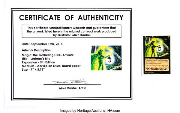 The certificate of authenticity and signed Magic: The Gathering card to accompany the artwork by Max Raabe. This is available on auction at Heritage Auctions right now.