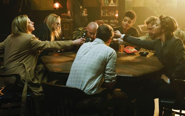 Legends of Tomorrow -- "I Am Legends" -- Image Number: LGN513b_0064b.jpg -- Pictured (L-R): Jes Macallan as Ava Sharpe, Caity Lotz as Sara Lance/White Canary, Dominic Purcell as Mick Rory/Heatwave, Maisie Richardson-Sellers as Charlie, Matt Ryan as Constantine, Tala Ashe as Zari and Nick Zano as Nate Heywood/Steel -- Photo: Jeff Weddell/The CW -- © 2020 The CW Network, LLC. All Rights Reserved.