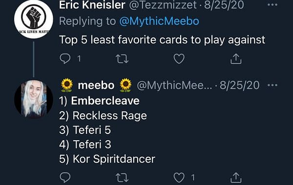A tweet among several by Ally Warfield (@MythicMeebo) about how much she dislikes playing against Embercleave.