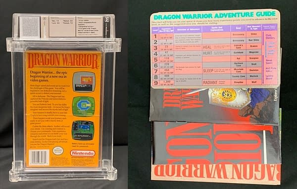 The rear of the graded box for this auction, a copy of Dragon Warrior for the Nintendo Entertainment System. Also pictured is a brief guide to the game.
