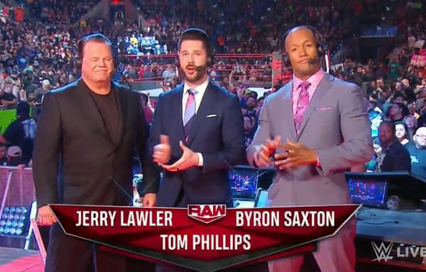 Tom Phillips leading the announce team on WWE Raw.