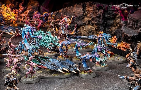 A shot of the Chaos Daemons of Tzeentch in Warhammer 40,000 by Games Workshop.
