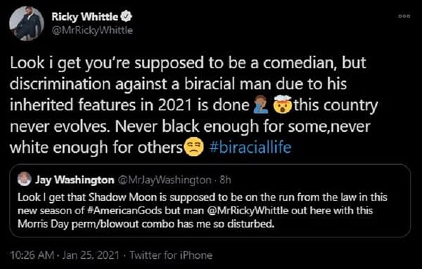 American Gods Star Ricky Whittle Calls Out Tweet for "Discrimination"