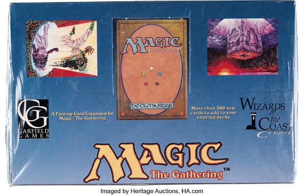 The front lid of the Legends booster box from Magic: The Gathering up for auction at Heritage Auctions now.
