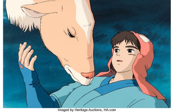 The production cel from Studio Ghibli's film Princess Mononoke (1997), in which Prince Ashitaka is awakened by Yakul, his trusty steed. This production cel is up for auction at Heritage Auctions right now!