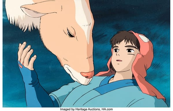 A production cel from the anime Princess Mononoke, which we had previously covered the auction of. The auctioning of this production cel is attributed to Heritage Auctions.