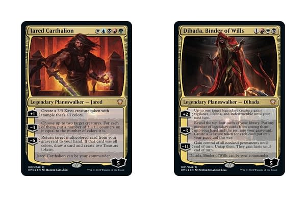 The two face commanders for the Dominaria United Commander decks for Magic: The Gathering: Jared Carthalion and Dihada, Binder of Wills.