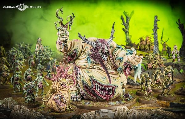 A shot of the Nurgle Chaos Daemons army for Warhammer 40,000 by Games Workshop.