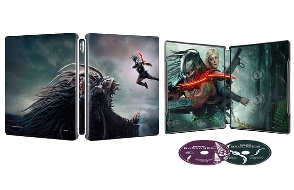 An exploded view of the 'Predator: Badlands' steelbook, showcasing its outer and inner artwork featuring a fierce creature and characters holding weapons, along with two collectible discs labeled 'Predator Badlands'.