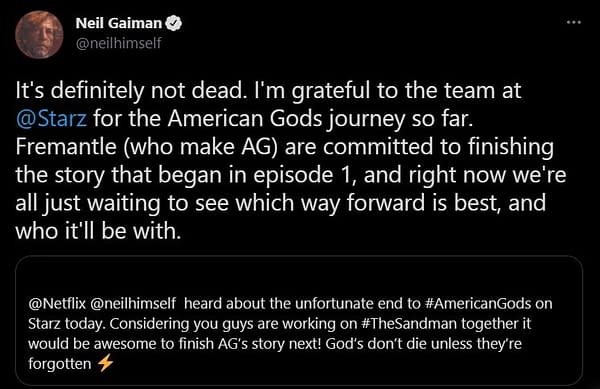 American Gods: Neil Gaiman Tweets Adaptation "Definitely Not Dead"