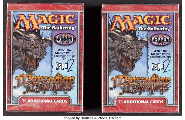 The fronts of the pair of tournament packs from Mercadian Masques, an expansion set for Magic: The Gathering. Currently available at auction on Heritage Auctions' website.