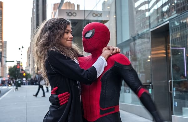 MJ (Zendaya) catches a ride from Spider-Man (Tom Holland) in "Spider-Man: Far From Home." (Photo: JOJO WHILDEN)