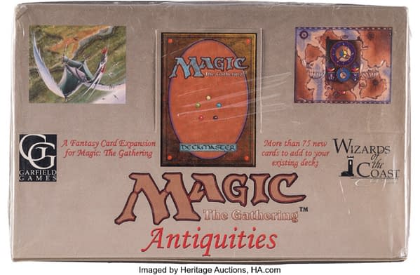 The front of a rare, sealed Antiquities booster box from Magic: The Gathering. Currently available on auction at Heritage Auctions.