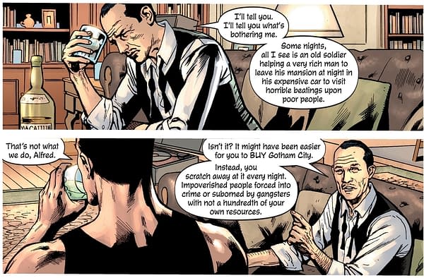 Alfred Pennyworth Critiques Batman as a Rich Man Just Beating Up Poor People