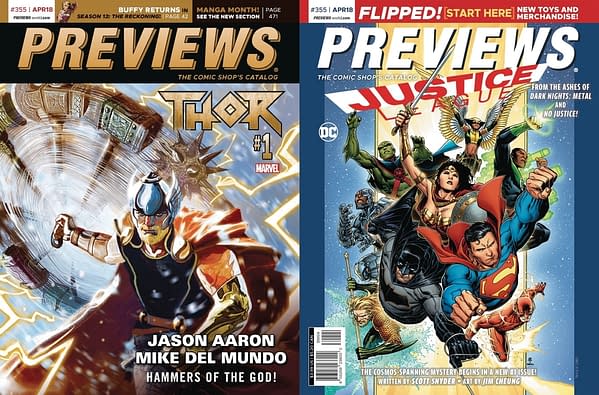 Thor #1 and Justice League #1 on Cover of Next Week's Previews Catalogue