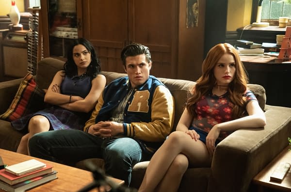 Camila Mendes as Veronica Lodge, Charles Melton as Reggie Mantle, and Madelaine Petsch as Cheryl Blossom in Riverdale, courtesy of The CW.