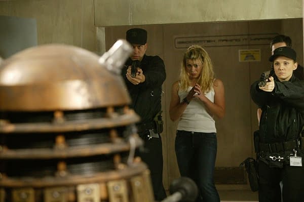 Rose confronts a Dalek on Doctor Who, courtesy of BBC Studios.