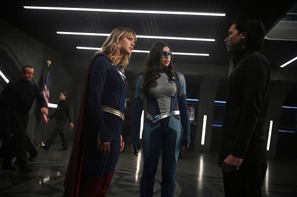 Melissa Benoist as Kara/Supergirl, Nicole Maines as Nia Nal/Dreamer, and Jesse Rath as Brainiac-5 in Supergirl, courtesy of The CW.