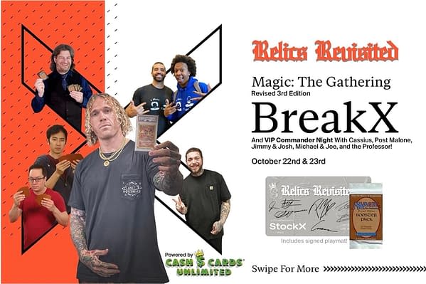 A flyer for the Magic: The Gathering Revised box break event being hosted by Cassius Marsh on October 22nd and 23rd.