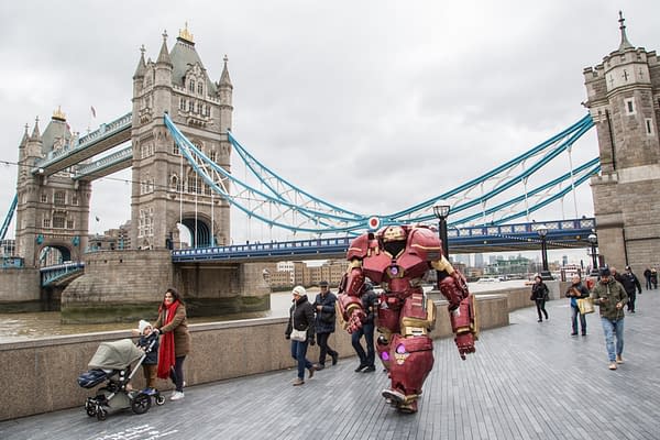 Marvel super-fan, Thomas DePetrillo visits London in giant replica Hulkbuster costume to launch Sky Movies Christmas experience at Sky Studios, The O2