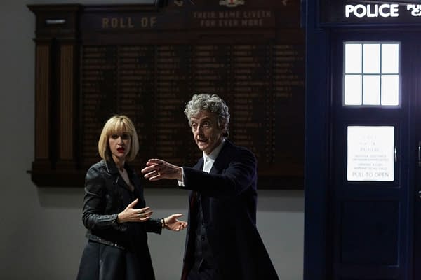 WARNING: Embargoed for publication until 00:00:01 on 18/10/2016 - Programme Name: Class - TX: n/a - Episode: Class - Ep1 (No. 1) - Picture Shows: (L-R) Miss Quill (KATHERINE KELLY), The Doctor (PETER CAPALDI) - (C) BBC - Photographer: Simon Ridgeway