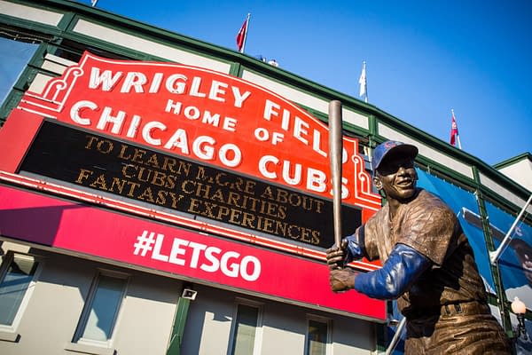 Chicago, USA - August 12, 2015: The famous signage on a warm summer's night at Wrigley Field -- FiledIMAGE/Shutterstock.com