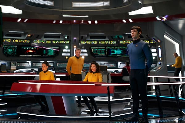 ÃƒÂ’Such Sweet Sorrow, Part 2ÃƒÂ“ -- Ep#214 -- Pictured (l-r): Samora Smallwood as Lt. Amin; Anson Mount as Captain Pike; Rebecca Romijn as Number One; Ethan Peck as Spock of the CBS All Access series STAR TREK: DISCOVERY. Photo Cr: Russ Martin/CBS Ã‚Â©2018 CBS Interactive, Inc. All Rights Reserved.