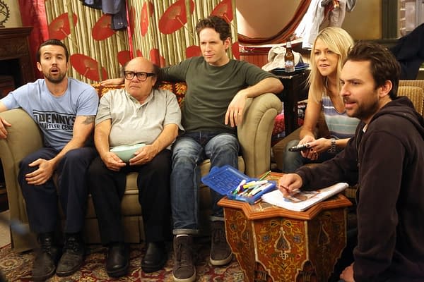 IT'S ALWAYS SUNNY IN PHILADELPHIA -- "Dee Made a Smut Film" -- Episode 1104 (Airs Wednesday, January 27, 10:00 pm e/p) Pictured: (l-r) Rob McElhenney as Mac, Danny DeVito as Frank, Glenn Howerton as Dennis, Kaitlin Olson as Dee, Charlie Day as Charlie. CR: Patrick McElhenney/FX