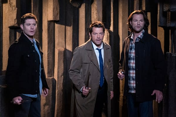 Supernatural -- "Our Father, Who Aren't in Heaven" -- Image Number: SN1508B_0019b.jpg -- Pictured (L-R): Jensen Ackles as Dean, Misha Collins as Castiel and Jared Padalecki as Sam -- Photo: Colin Bentley/The CW -- © 2019 The CW Network, LLC. All Rights Reserved.