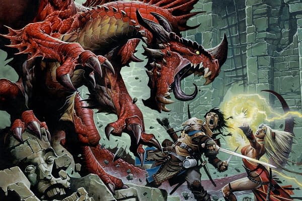 An illustrated action shot from Pathfinder, done by Wayne Reynolds.