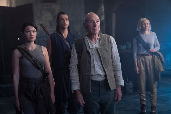 "Et in Arcadia Ego, Part 1" -- Episode #109 -- Pictured (l-r): Isa Briones as Soji; Evan Evagora as Elnor; Sir Patrick Stewart as Jean-Luc Picard; Alison Pill as Agnes Jurati; of the the CBS All Access series STAR TREK: PICARD. Photo Cr: Aaron Epstein/CBS ©2019 CBS Interactive, Inc. All Rights Reserved.