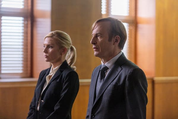 Bob Odenkirk as Jimmy McGill, Rhea Seehorn as Kim Wexler - Better Call Saul _ Season 5, Episode 7 - Photo Credit: Greg Lewis/AMC/Sony Pictures Television