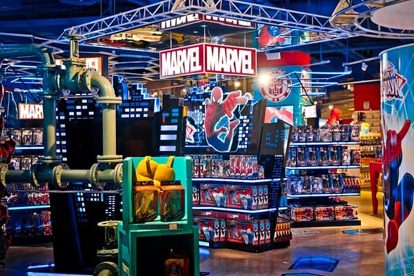 Interior of Marvel toys department in Hamleys store.