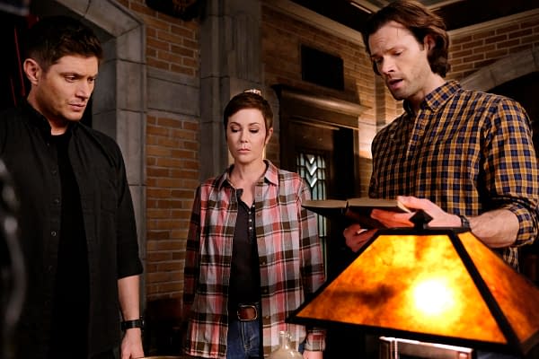 Supernatural -- "Galaxy Brain" -- Image Number: SN1512b_0491b.jpg -- Pictured (L-R): Jensen Ackles as Dean, Kim Rhodes as Jody Mills and Jared Padalecki as Sam -- Photo: Bettina Strauss/The CW -- © 2020 The CW Network, LLC. All Rights Reserved.