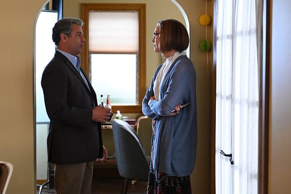 THIS IS US -- "Strangers: Part Two" Episode 418 -- Pictured: (l-r) Jon Huertas as Miguel, Mandy Moore as Rebecca -- (Photo by: Mitchell Haddad/NBC)