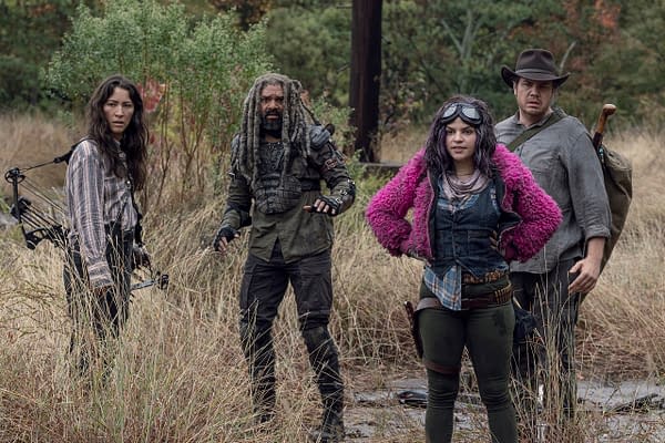 Khary Payton as Ezekiel, Eleanor Matsuura as Yumiko, Josh McDermitt as Dr. Eugene Porter, and Paola Lazaro as Princess stumble upon a trap in The Walking Dead Season 10, Episode 15