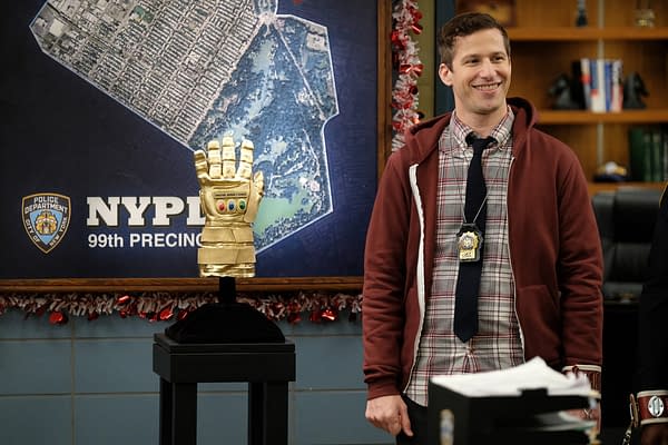 Jake unveils the "prize" for the heist competition on Brooklyn Nine-Nine, courtesy of NBCUniversal.