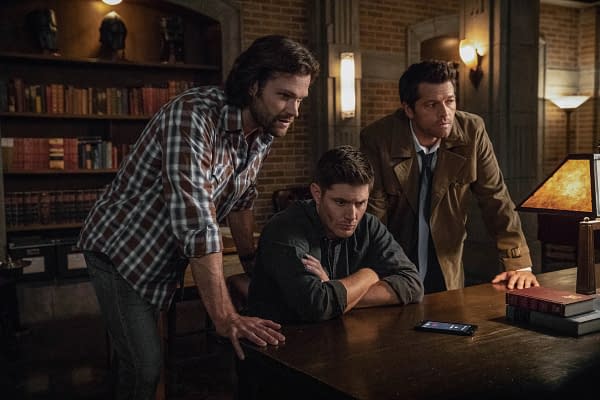 Supernatural -- "The Scar" -- Image Number: SN1403a_0310b.jpg -- Pictured (L-R): Jared Padalecki as Sam, Jensen Ackles as Dean/Michael and Misha Collins as Castiel -- Photo: Jack Rowand/The CW -- Ã‚Â© 2018 The CW Network, LLC All Rights Reserved