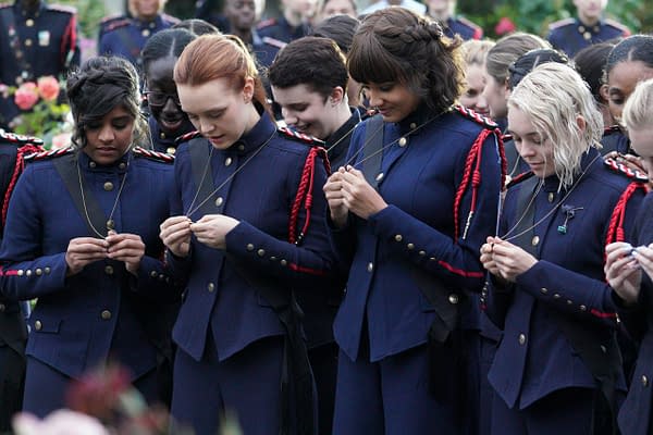 "Witchbomb" - Raelle, Abigail, and Tally graduate from Basic Training, making Abigail more desperate than ever to prove her unit belongs in War College. Alder eyes the unit for a rescue mission while Anacostia and Scylla find common ground. The season finale of "Motherland: Fort Salem" airs Wednesday, May 20, at 9:00p.m. ET/PT on Freeform. (Freeform/David Bukach) ANNIE JACOB, JESSICA SUTTON, ASHLEY NICOLE WILLIAMS, TAYLOR HICKSON