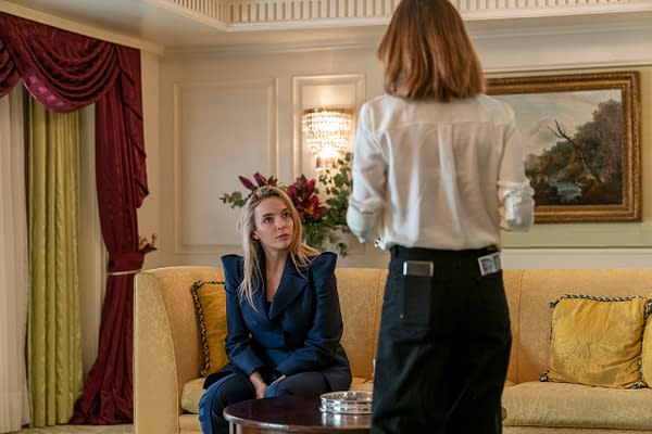 Jodie Comer as Villanelle and Camille Cottin as Helene in Killing Eve, courtesy of AMC Networks.