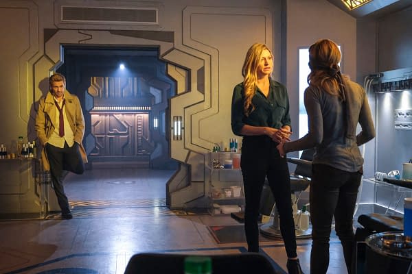 Matt Ryan as Constantine, Jes Macallan as Ava Sharpe and Caity Lotz as Sara Lance/White Canary on DC's Legends of Tomorrow, courtesy of The CW.