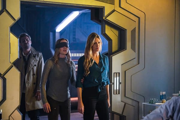 Matt Ryan as Constantine,  Caity Lotz as Sara Lance/White Canary, and Jes Macallan as Ava Sharpe on DC's Legends of Tomorrow, courtesy of The CW.