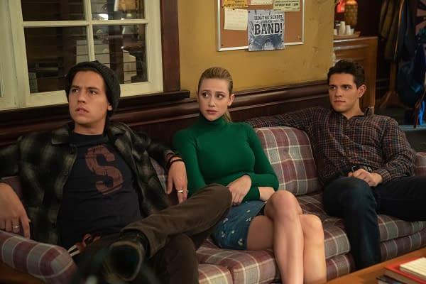 Cole Sprouse as Jughead Jones, Lili Reinhart as Betty Cooper, and Casey Cott as Kevin Keller in Riverdale, courtesy of The CW.
