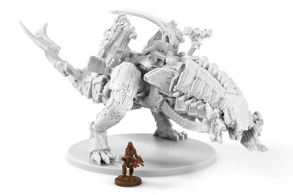 The Thunderjaw as rendered into a miniature in Horizon Zero Dawn: The Board Game. Shown with a human miniature for scale purposes.