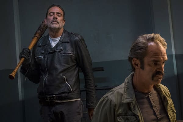 The Walking Dead season 8 scene: Jeffrey Dean Morgan and Steven Ogg (Image: AMC)