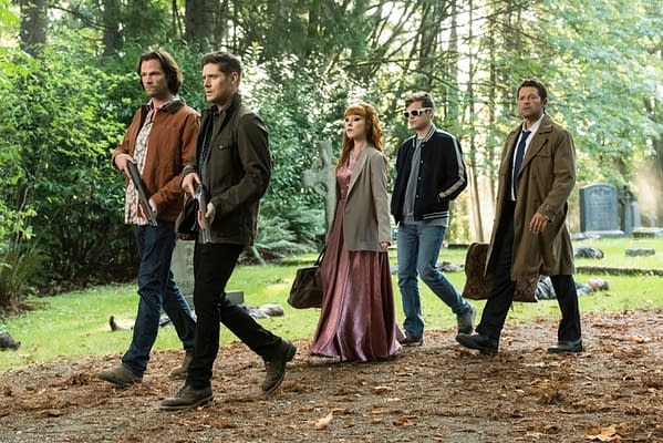 Supernatural -- "The Rupture" -- Image Number: SN1504b_0355b.jpg -- Pictured (L-R): Jared Padalecki as Sam, Jensen Ackles as Dean, Ruth Connell as Rowena, Alexander Calvert as Jack and Misha Collins as Castiel -- Photo: Dean Buscher/The CW -- © 2019 The CW Network, LLC. All Rights Reserved.