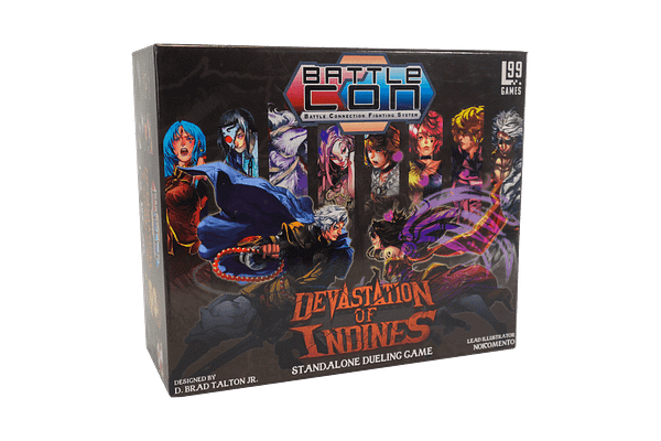 The box for BattleCON Devastation of Indines, the remastered version of Level 99 Games' tabletop gaming classic, BattleCON.