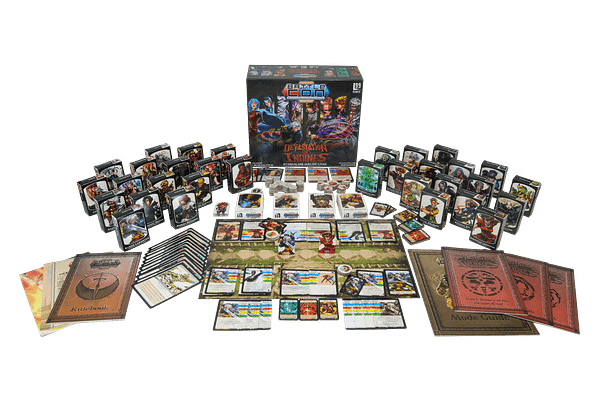 A high-angled array of all of the components in BattleCON Devastation of Indines, a remastered version of BattleCON by Level 99 Games.