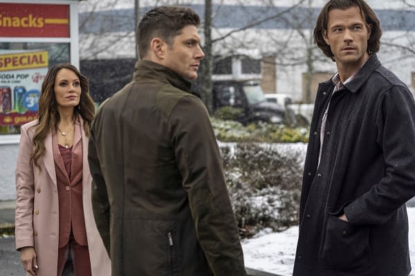 Supernatural -- "Gimme Shelter" -- Image Number: SN1515B_0084r.jpg -- Pictured (L-R): Emily Swallow as Amara, Jensen Ackles as Dean and Jared Padalecki as Sam -- Photo: Colin Bentley/The CW -- © 2020 The CW Network, LLC. All Rights Reserved.